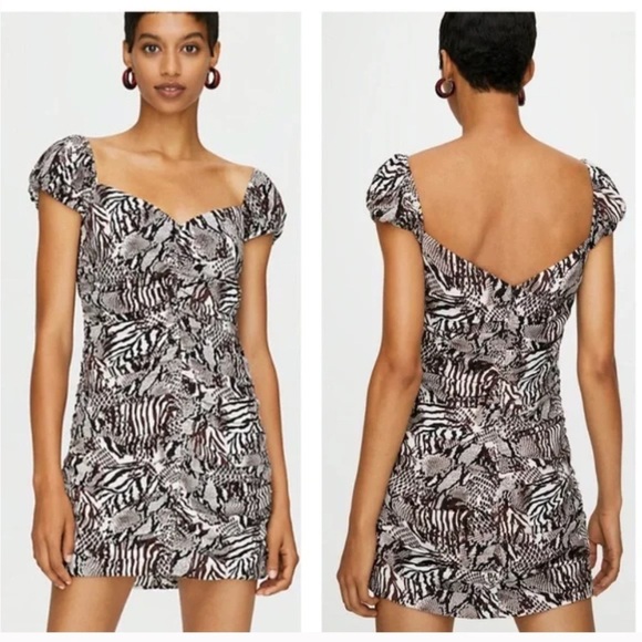 NWOT Aritzia Wilfred Veda Animal Snake Zebra Print Ruched Open Back Mini Dress 2 - Picture 1 of 6
